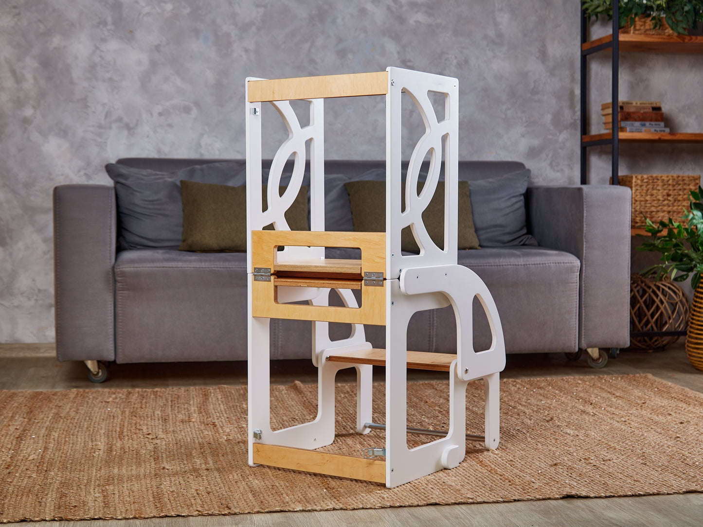 White Step stool with back Learning toddler tower table Kitchen helper stool Wooden step stool Kitchen stool Toddler tower Montessori stool