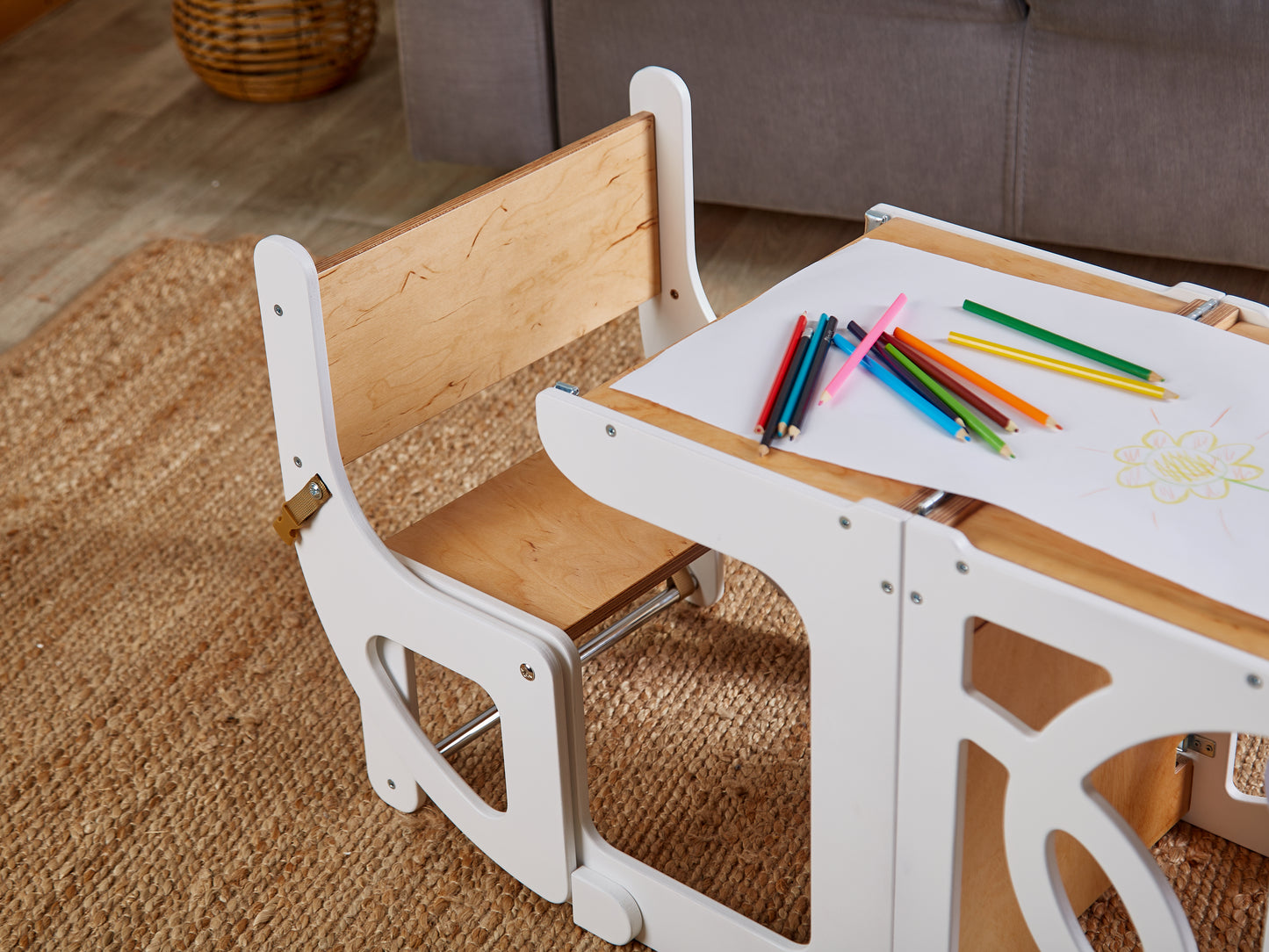 Natural Convertible learning toddler tower & table WITH BACK and slide, toddler kitchen helper stool