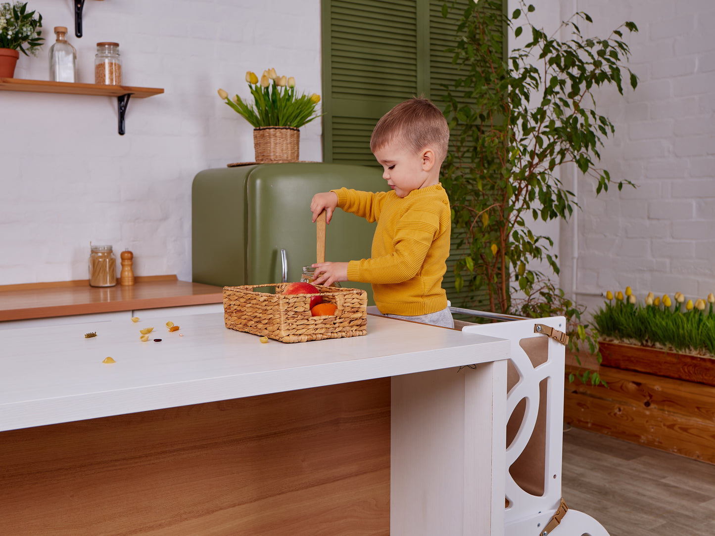 Natural Convertible learning toddler tower & table WITH BACK and slide, toddler kitchen helper stool