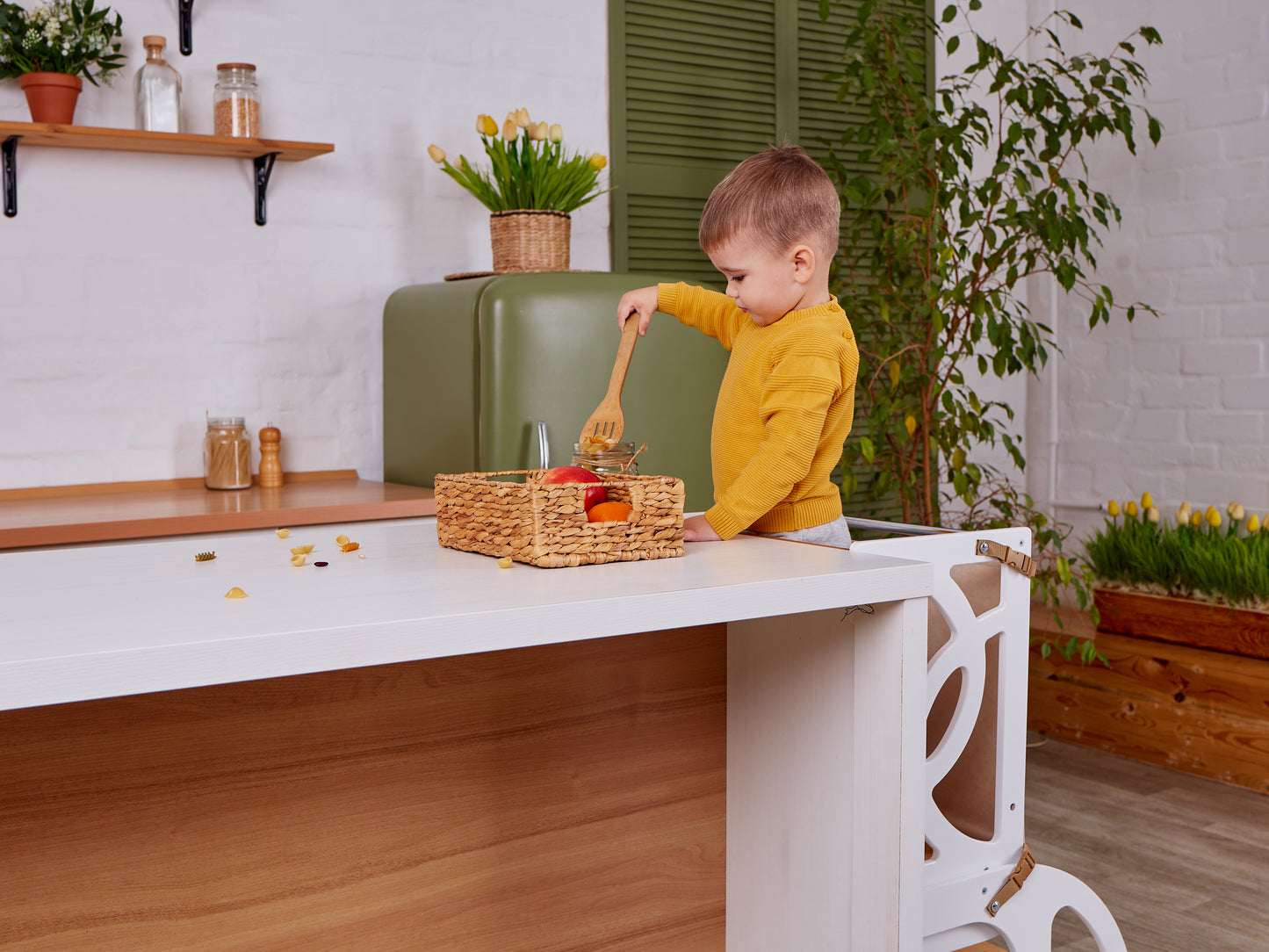 Natural Convertible learning toddler tower & table WITH BACK, montessori learning tower