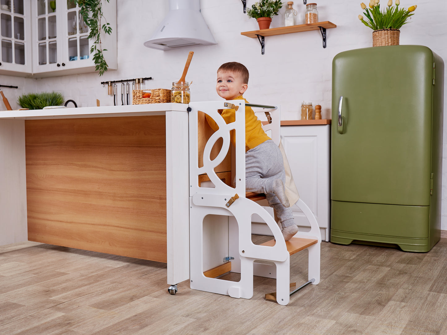 Natural Convertible learning toddler tower & table WITH BACK and slide, toddler kitchen helper stool