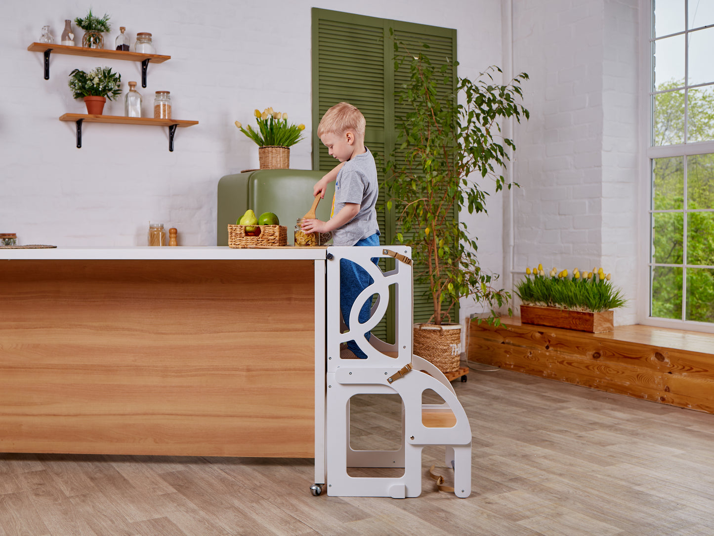 Natural Convertible learning toddler tower & table WITH BACK and slide, toddler kitchen helper stool