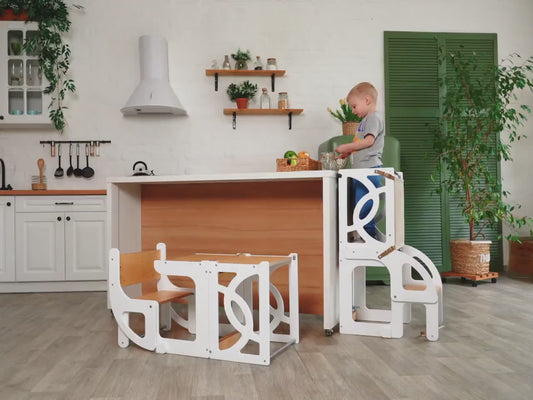 Convertible toddler tower table 7 in 1 with Seatback, toddler kitchen stool for learning