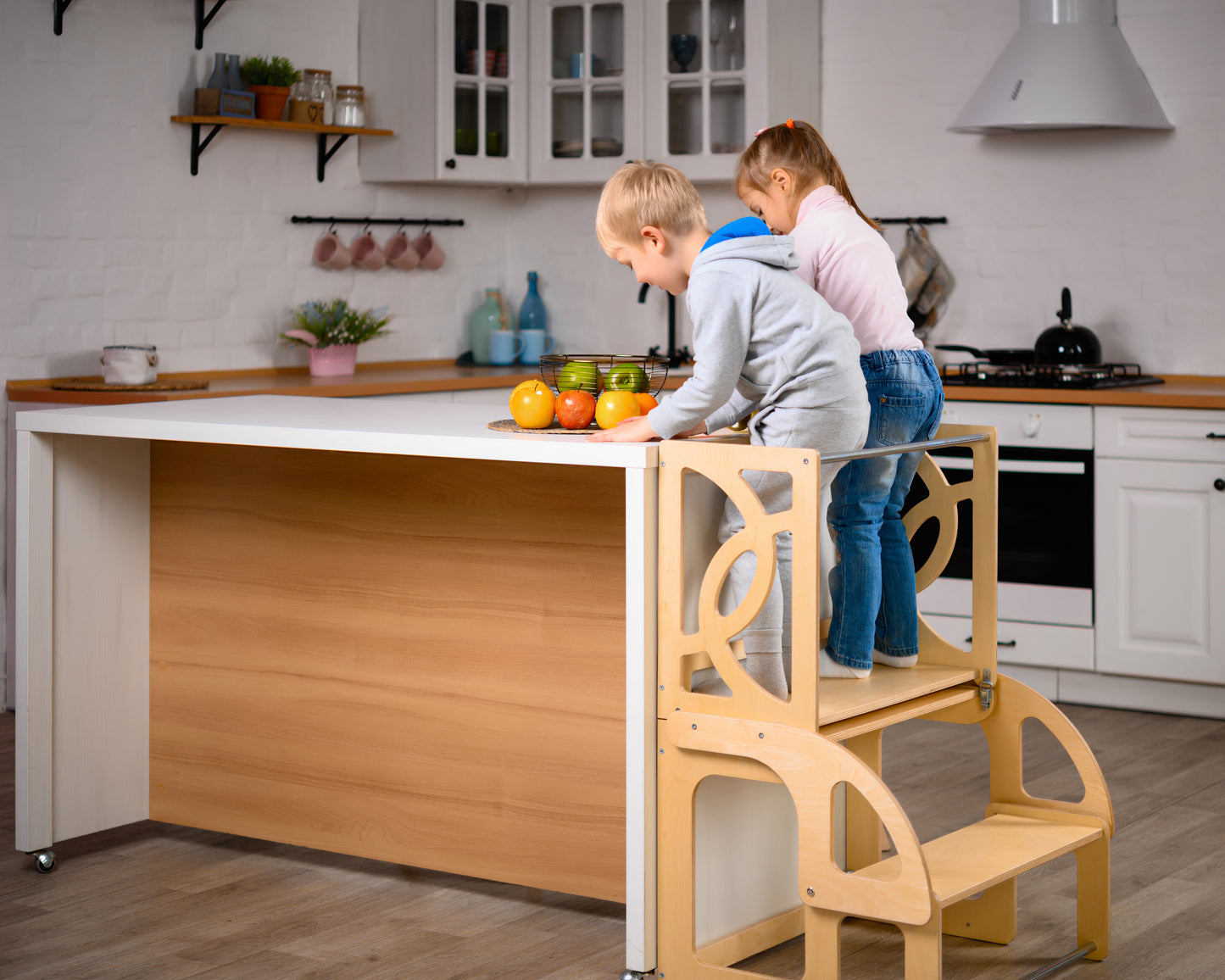 Double learning tower with slide and BACK, toddler kitchen step stool for twins - Climbambino