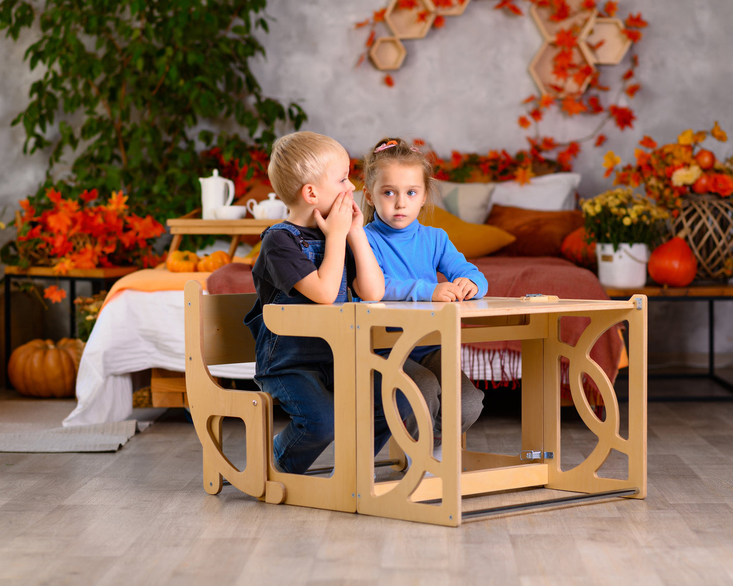 Double learning tower with slide and BACK, toddler kitchen step stool for twins - Climbambino