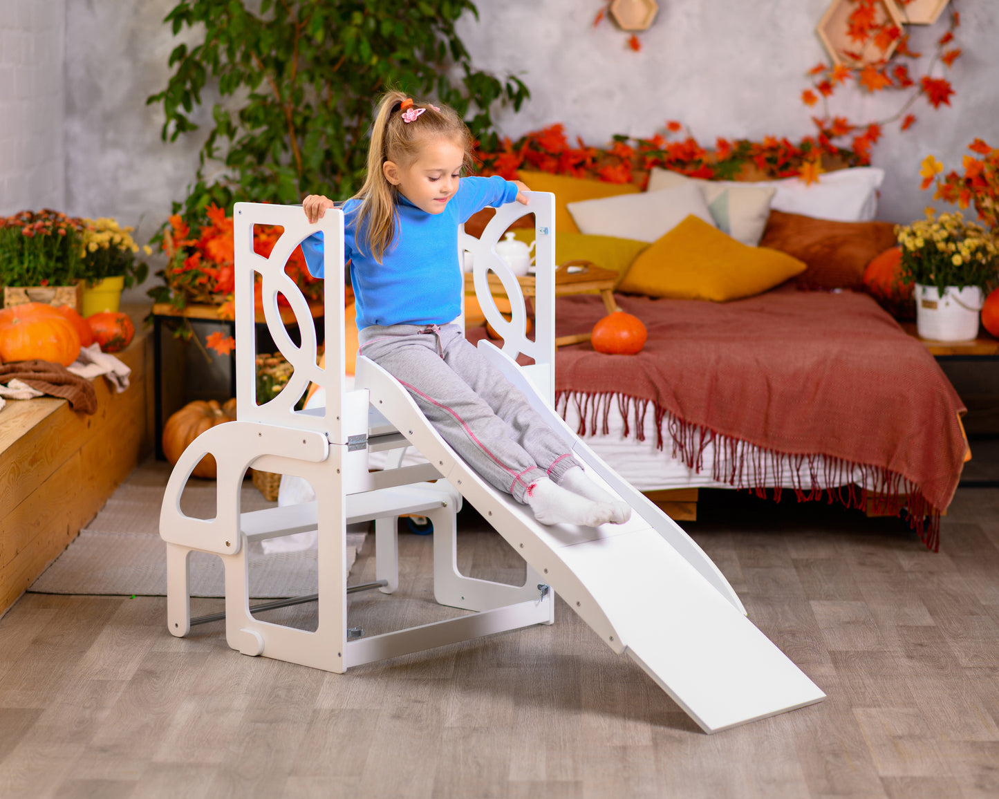 Double learning tower with slide and BACK, toddler kitchen step stool for twins - Climbambino