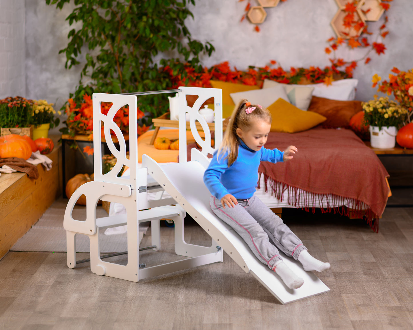 Double learning tower with slide and BACK, toddler kitchen step stool for twins - Climbambino