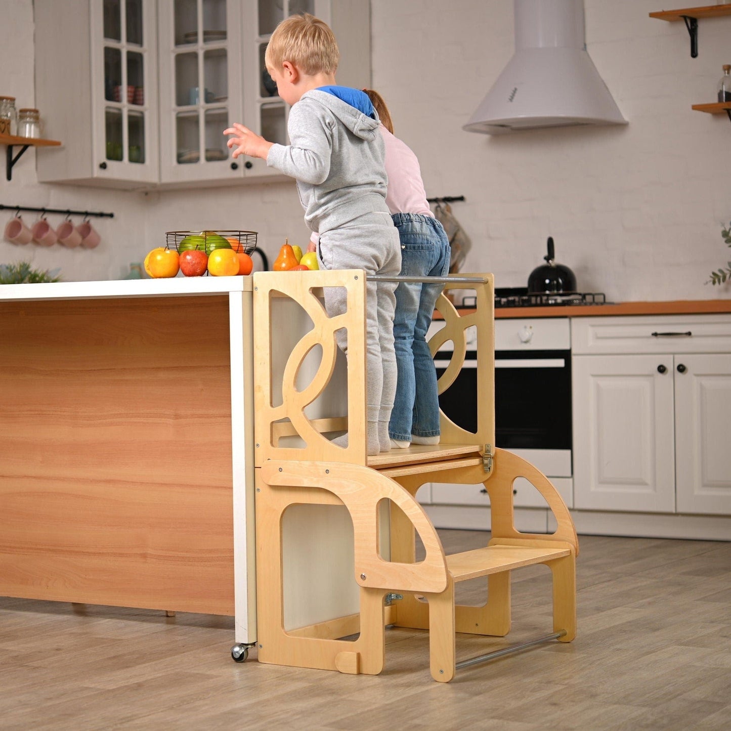 Double helper tower with slide and BACK, toddler kitchen step stool