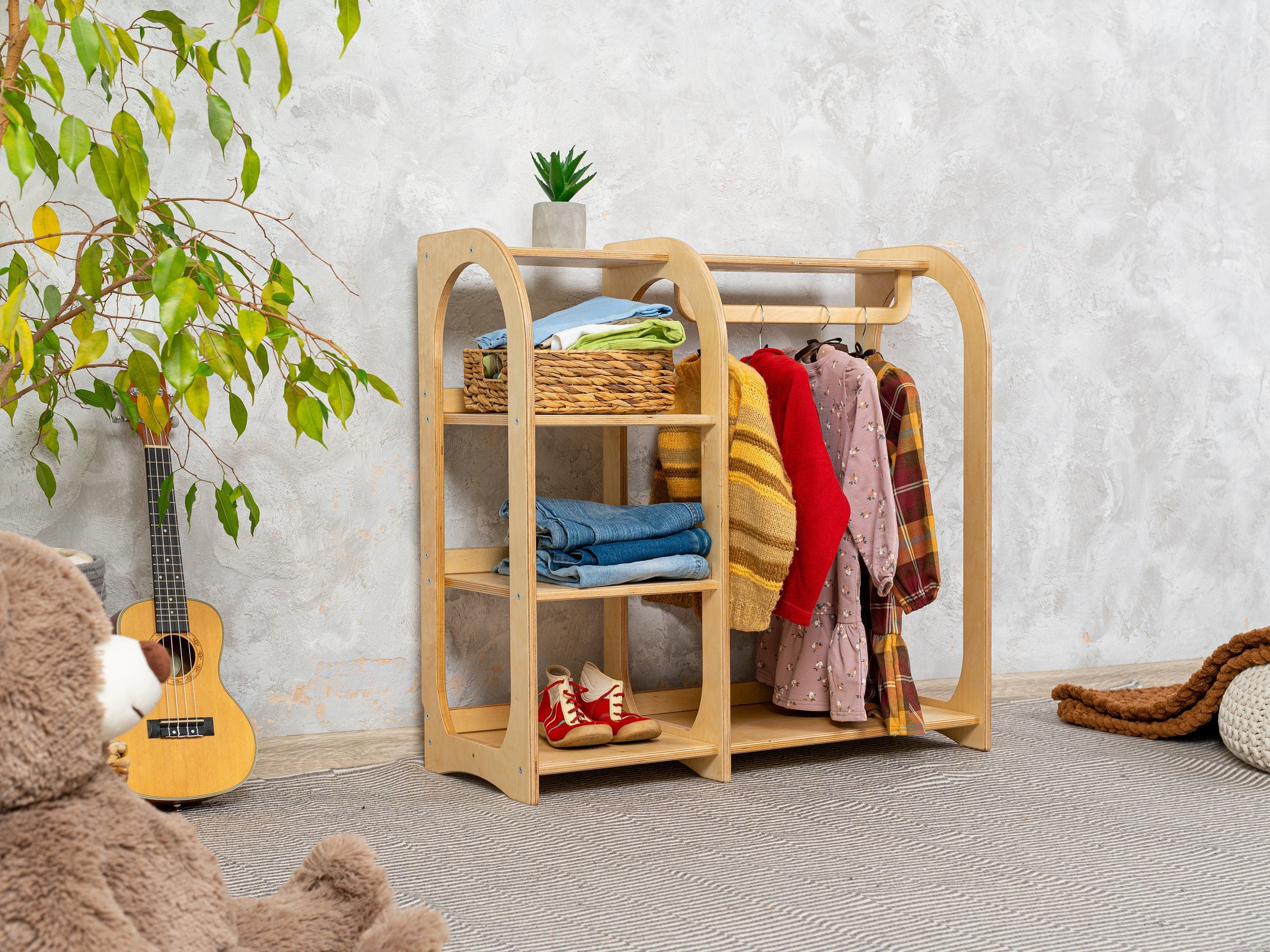 Shoe and Coat Rack Montessori Wardrobe Cubby for Toddlers Shelf