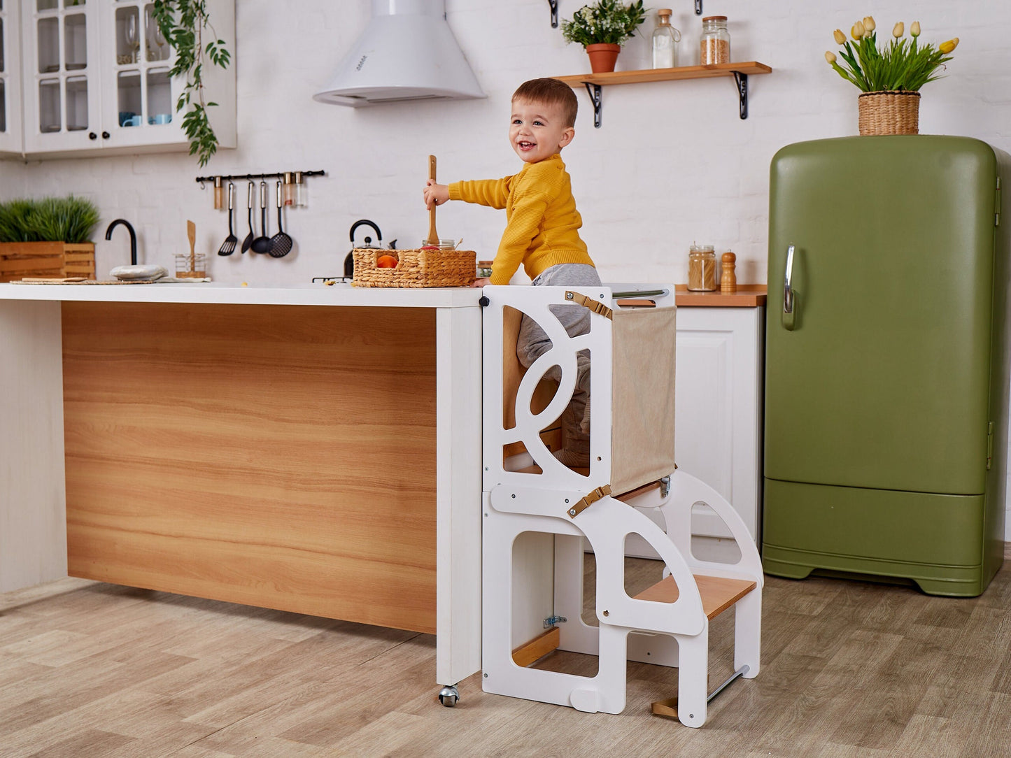 Kitchen tower toddler table 7 in 1 convertible learning kitchen step stool help tower Montessori desk & Paper roll, toddler standing tower