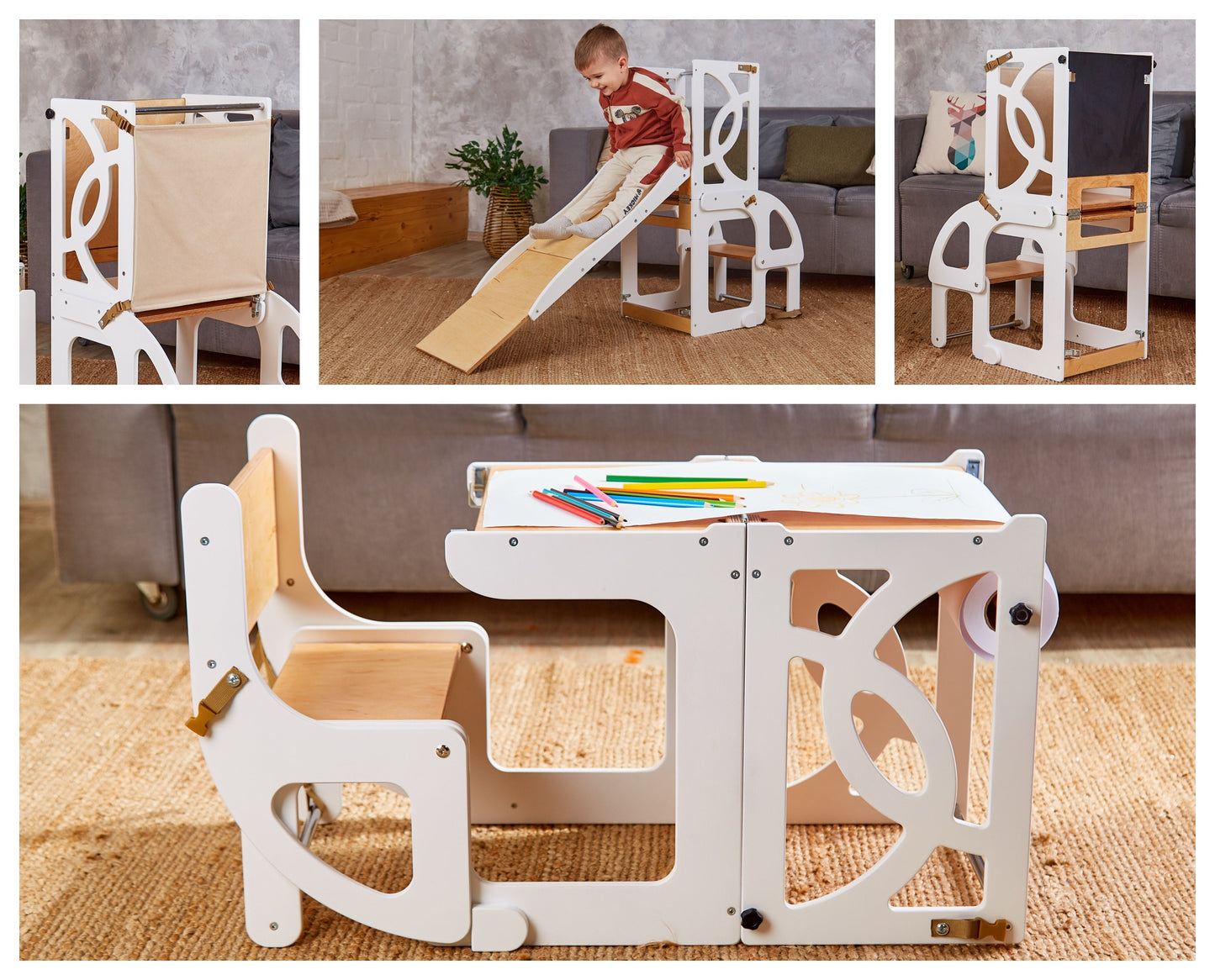 Kitchen tower toddler table 7 in 1 convertible learning kitchen step stool help tower Montessori desk & Paper roll, toddler standing tower