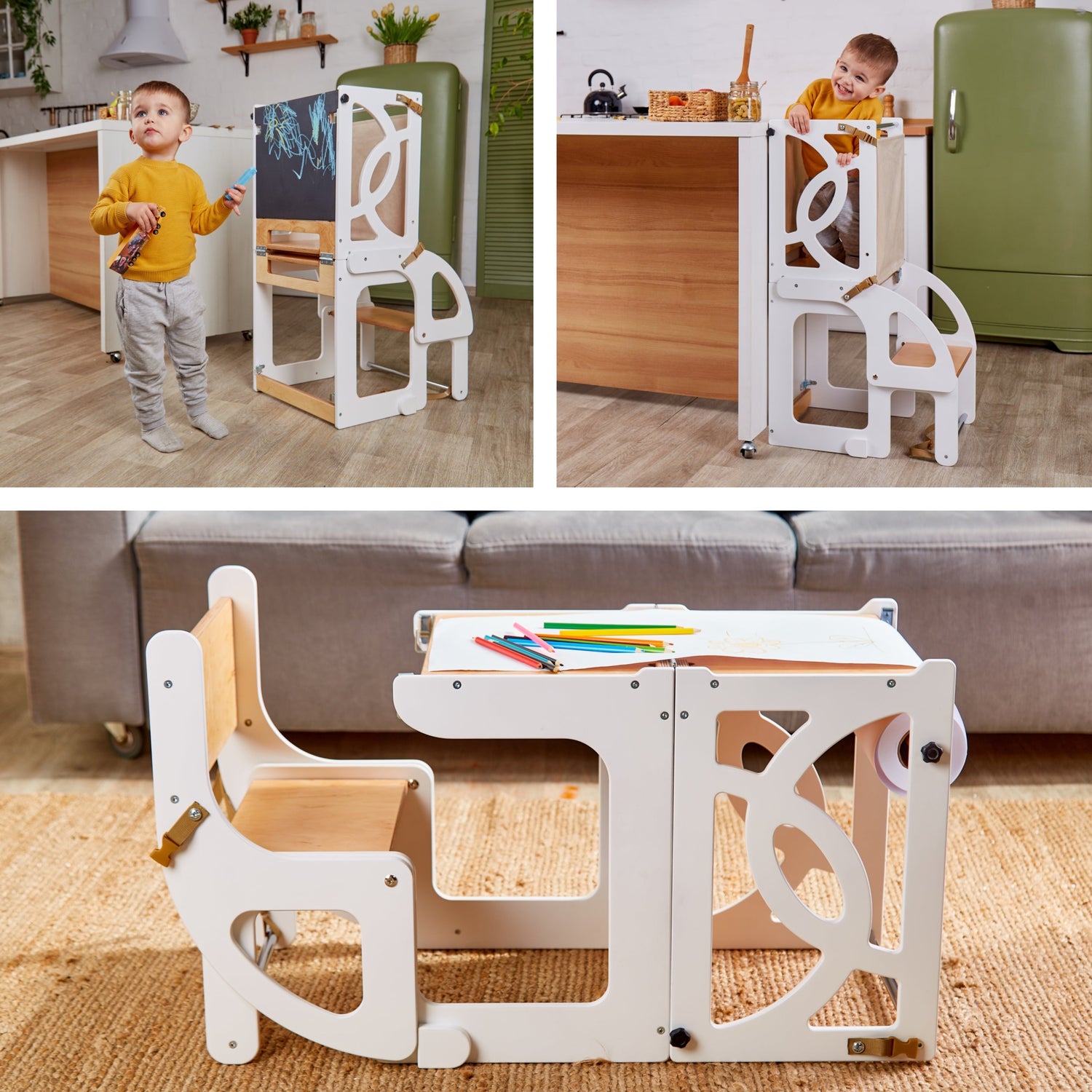 Convertible learning toddler tower with Seatback: Table, Chair, and Slide