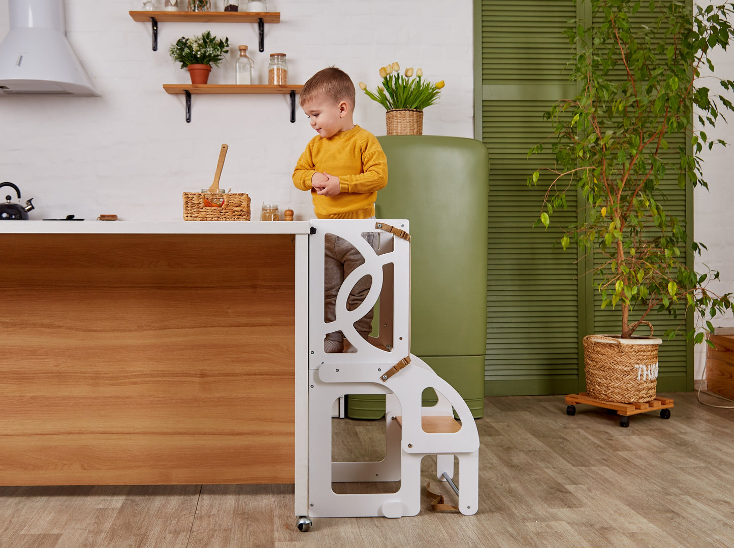 Convertible toddler tower & table WITH BACK and wooden kids slide, montessori kitchen help tower