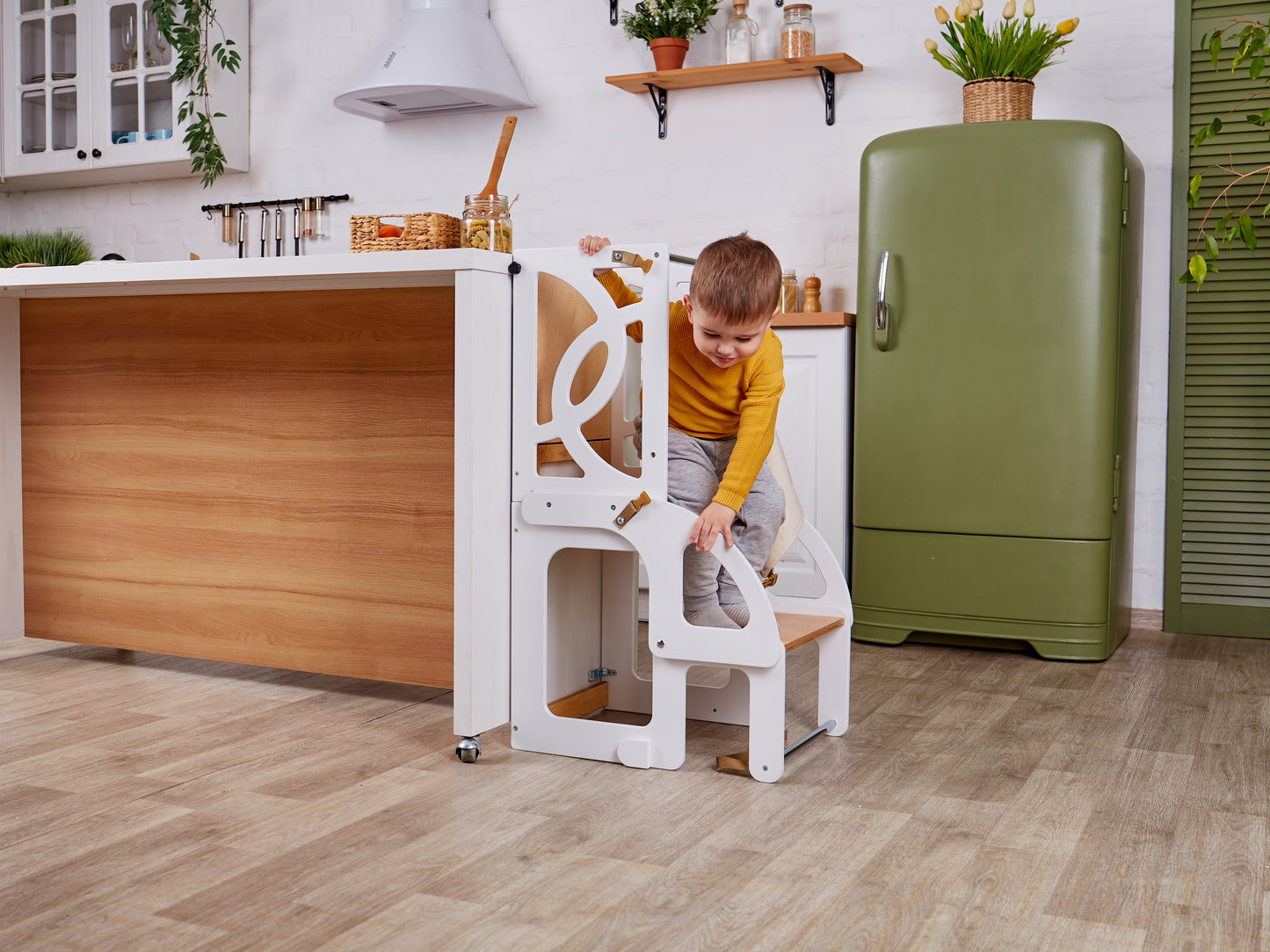 Natural Convertible learning toddler tower & table WITH BACK and slide, toddler kitchen helper stool