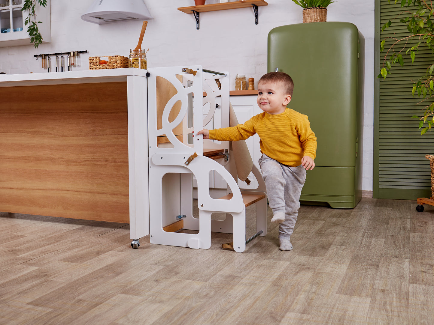 White Step stool with back Learning toddler tower table Kitchen helper stool Wooden step stool Kitchen stool Toddler tower Montessori stool