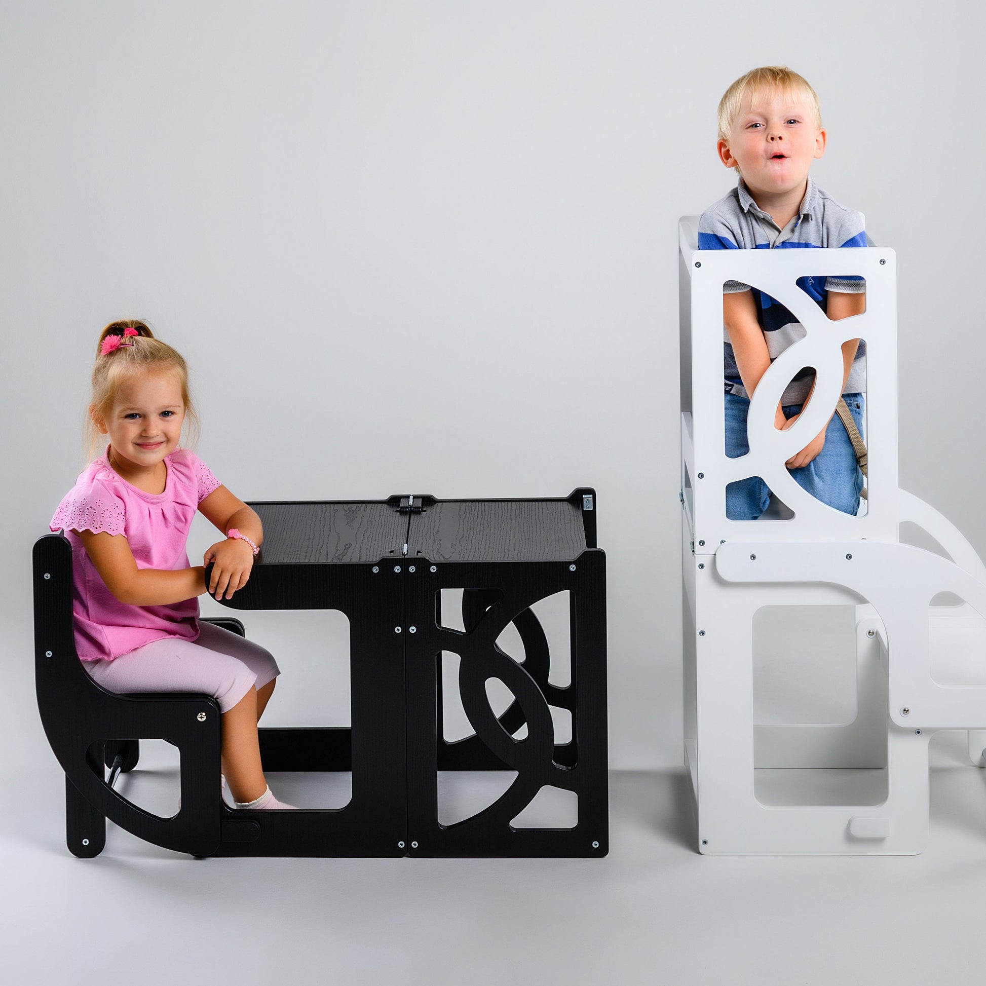 Black Convertible learning helper tower & table, montessori learning stool - Climbambino