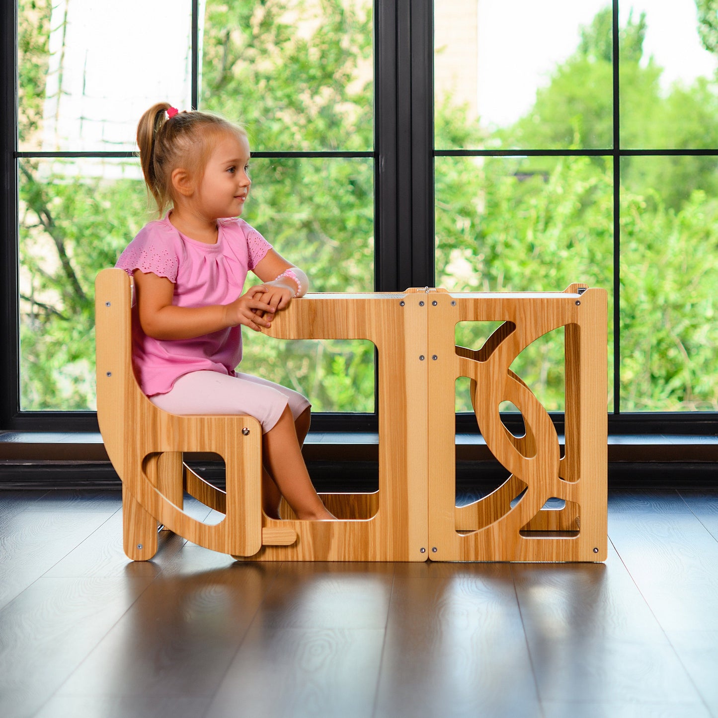 Natural Convertible learning toddler tower & table WITH BACK and slide, toddler kitchen helper stool - Climbambino