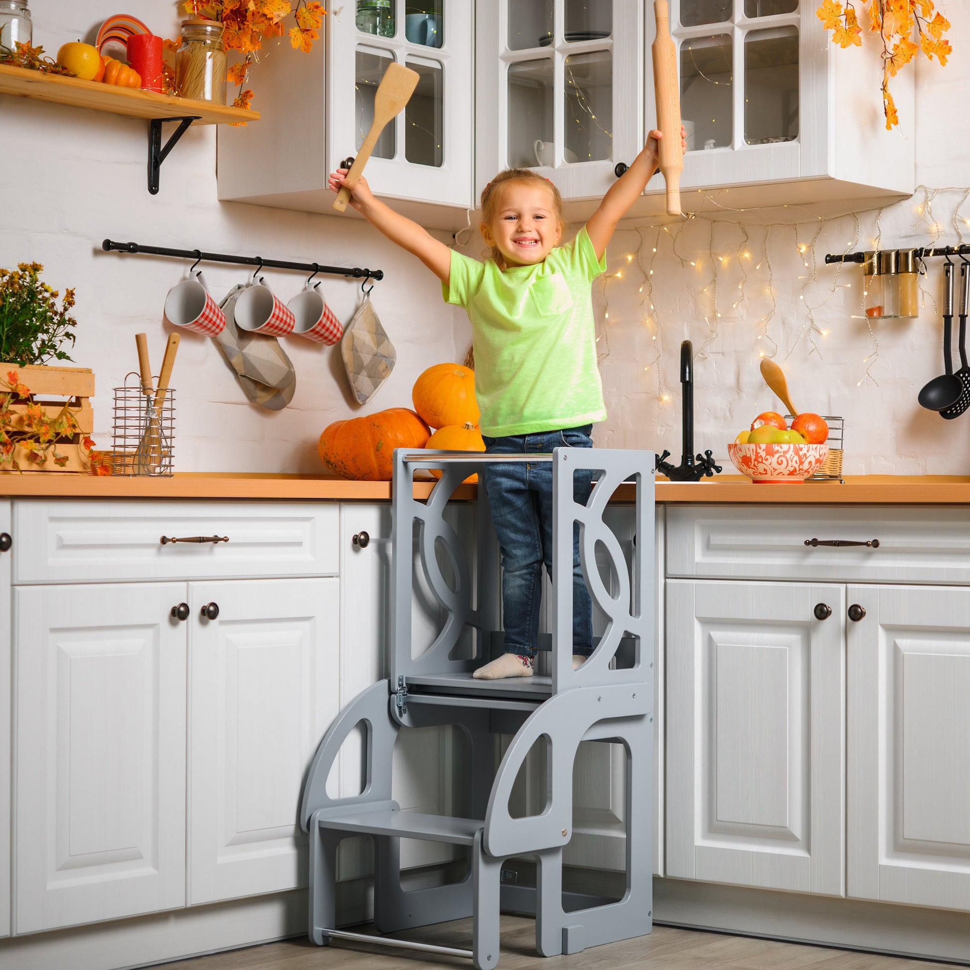 Gray Convertible learning toddler tower & table WITH BACK and slide - Climbambino
