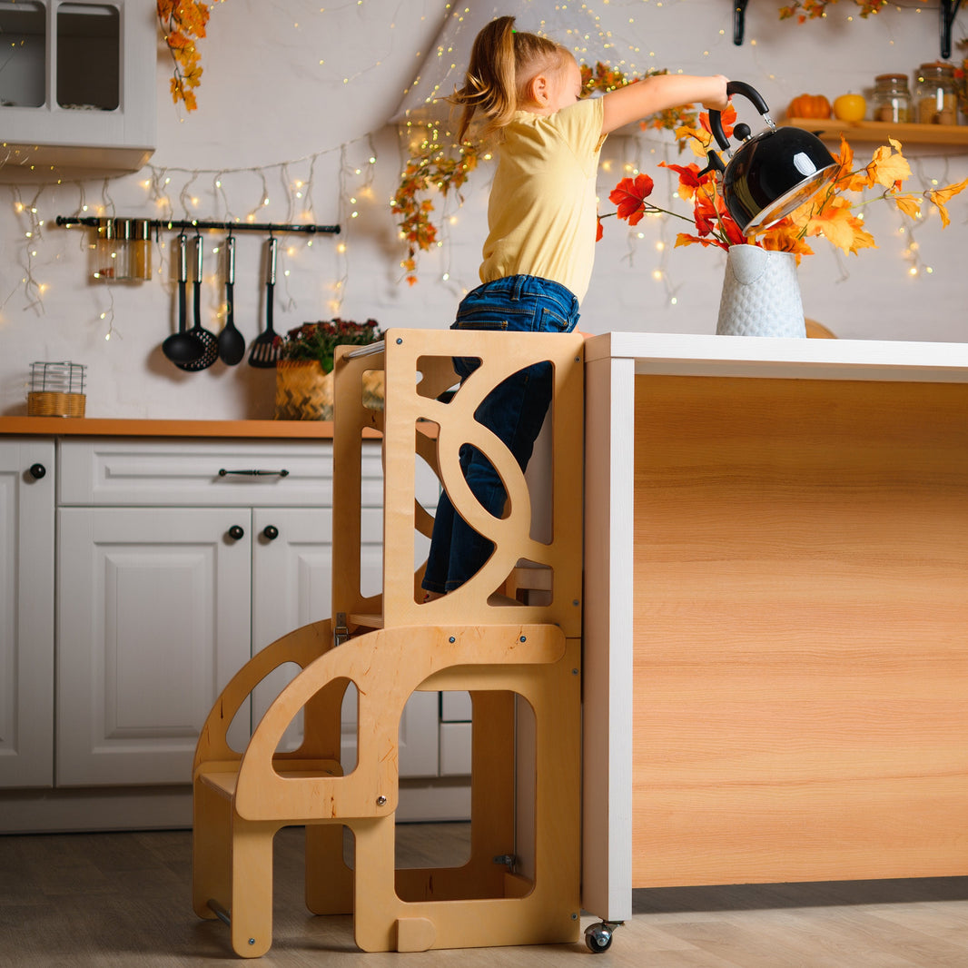 Convertible learning toddler tower with Seatback: Table, Chair, and Slide