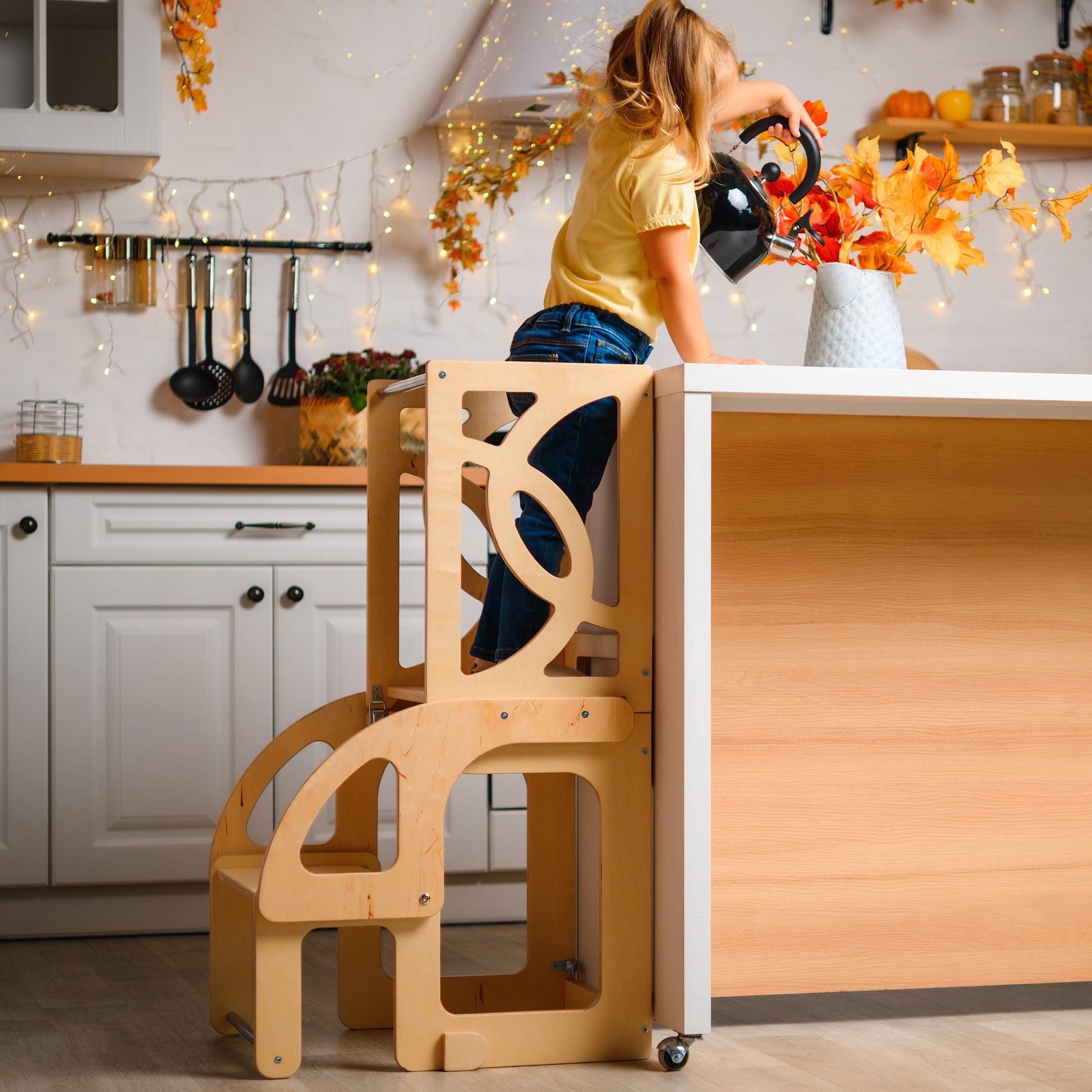 Natural Convertible learning toddler tower & table WITH BACK and slide, toddler kitchen helper stool - Climbambino