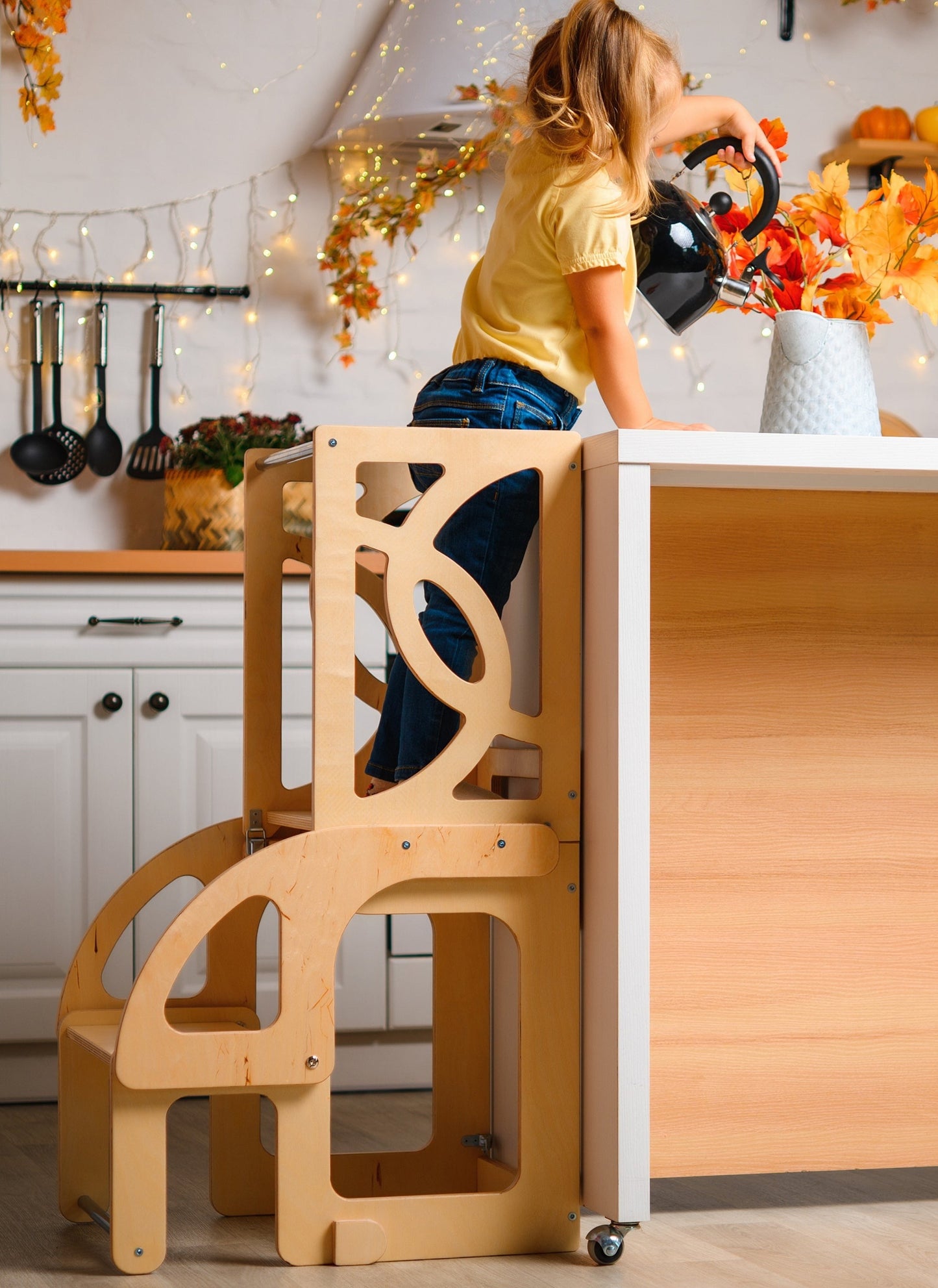 Convertible learning toddler tower & table with a back, toddler kitchen tower - Climbambino