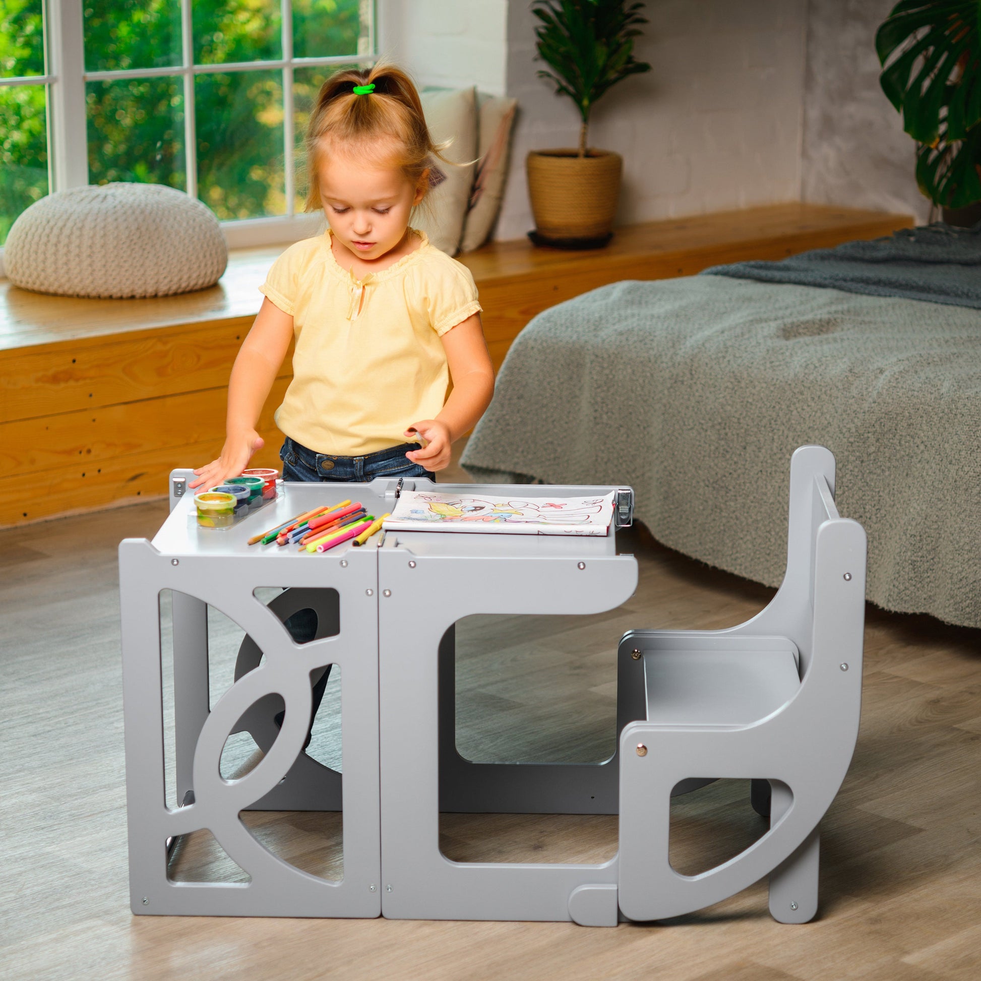 Gray Convertible learning toddler tower & table WITH BACK and slide - Climbambino