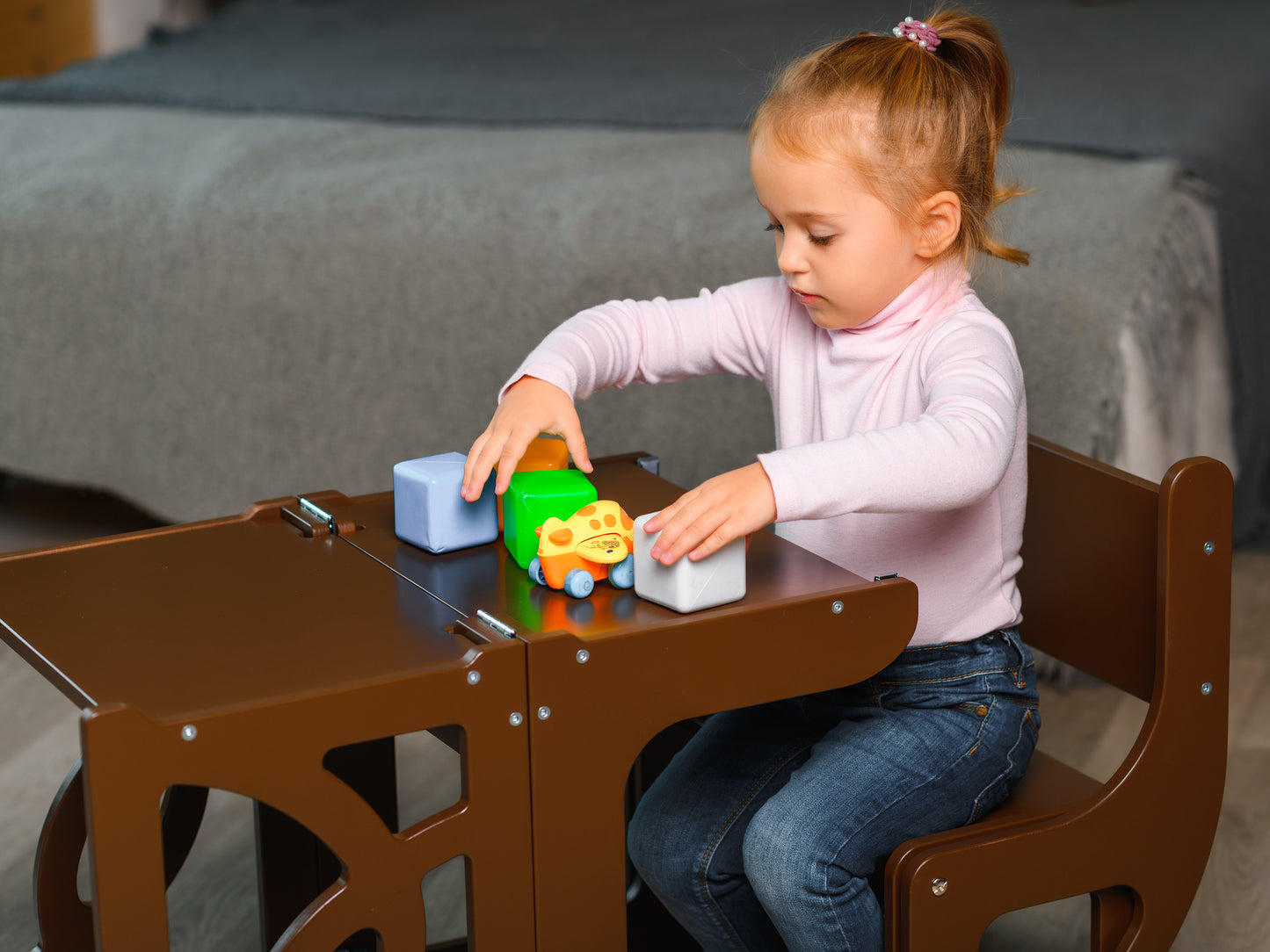 Brown Convertible learning helper tower & table with seatback and slide, montessori kitchen step stool - Climbambino