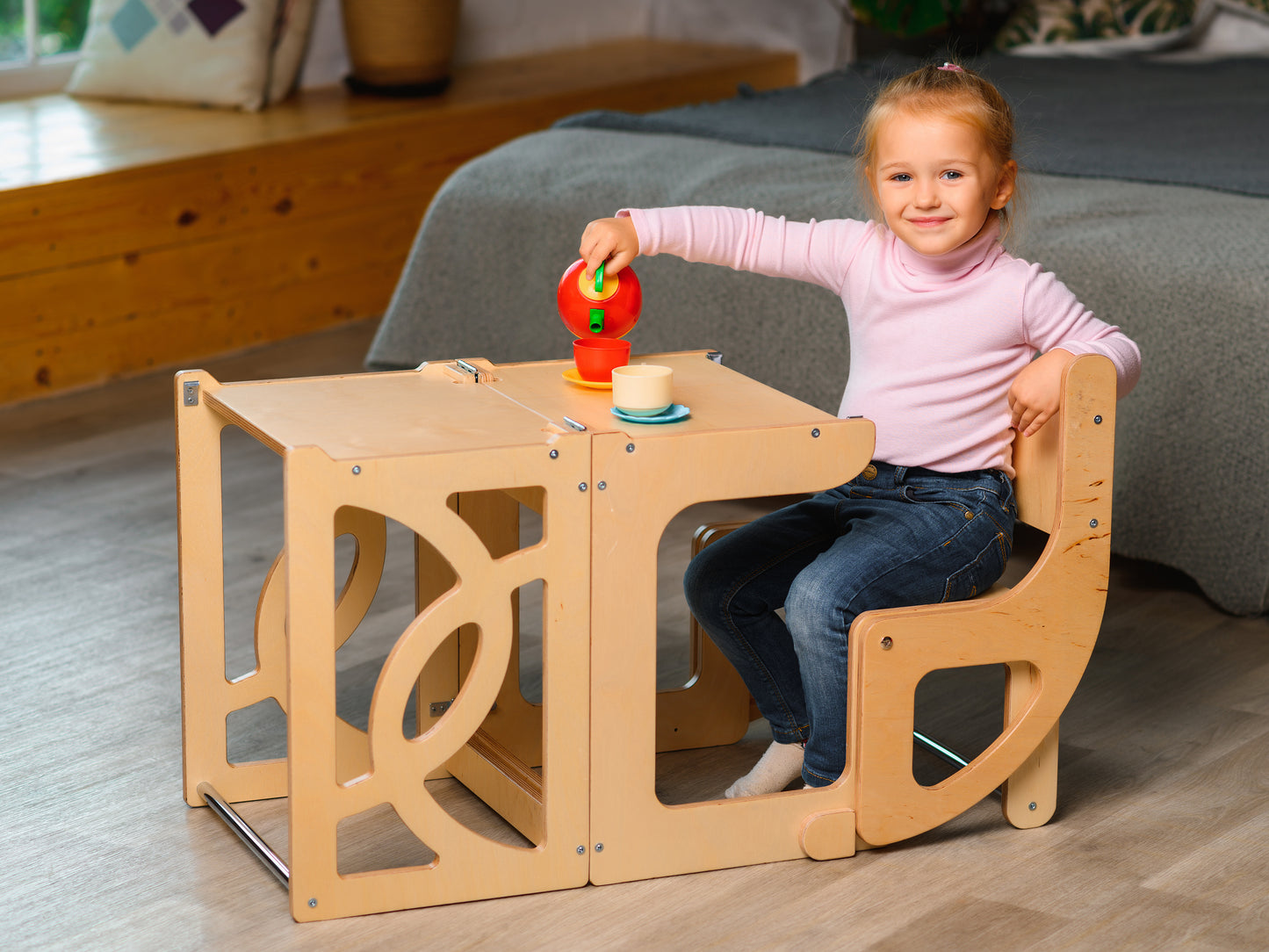 Natural Convertible learning toddler tower & table WITH BACK, montessori learning tower - Climbambino