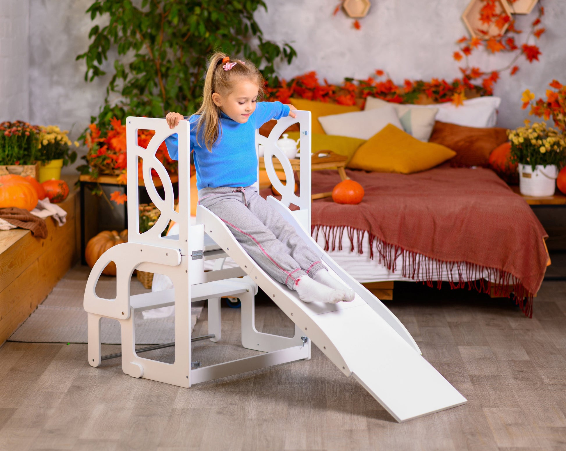 Natural  toddler tower convertible with BACK and slide, double helper tower - Climbambino