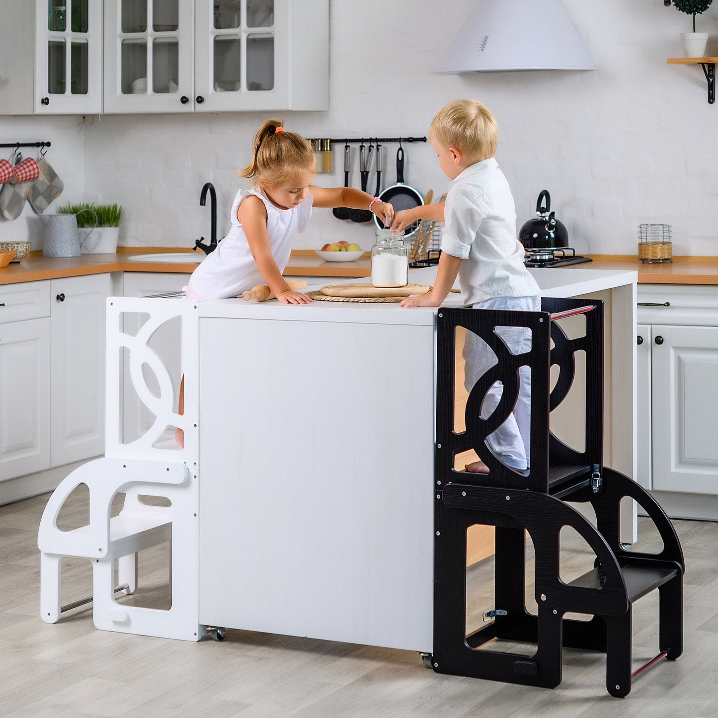 Natural Convertible learning toddler tower & table WITH BACK, toddler kitchen helper stool