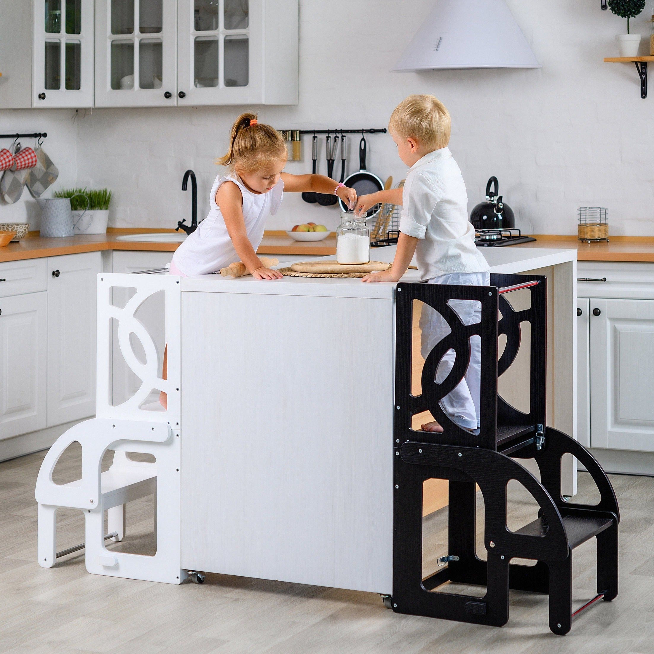 Gray Step stool with back Learning toddler tower Kitchen helper