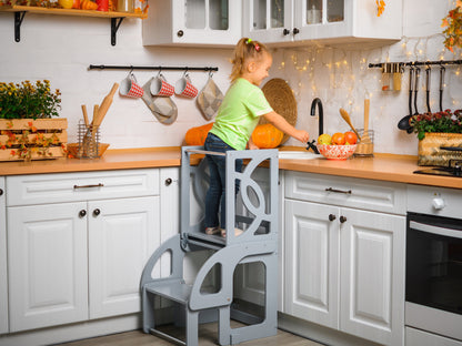 Gray Step stool with back Learning toddler tower Kitchen helper stool Wooden step stool Kitchen stool Toddler tower Montessori stool