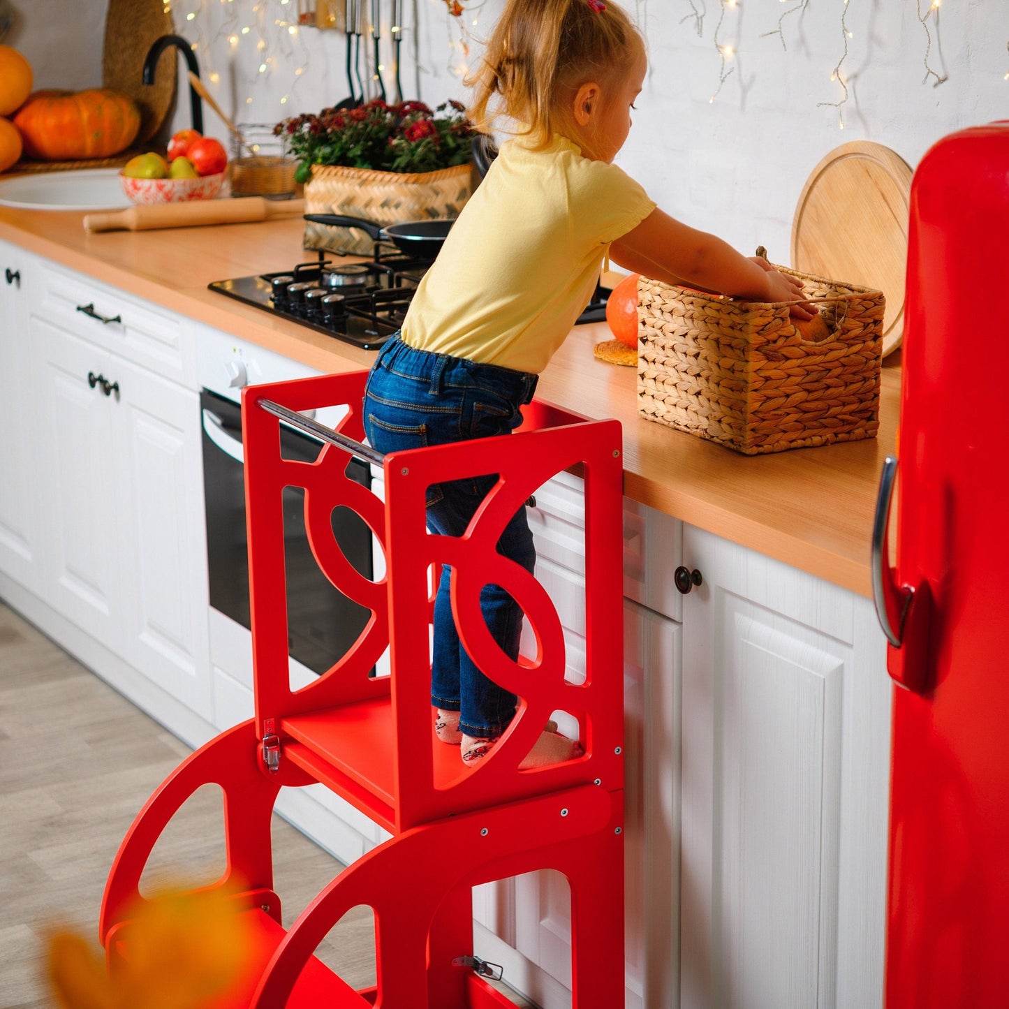 Red Step stool Learning toddler tower lernturn Kitchen helper Stool Helper Tower Children step stool Wooden step stool Toddler kitchen tower