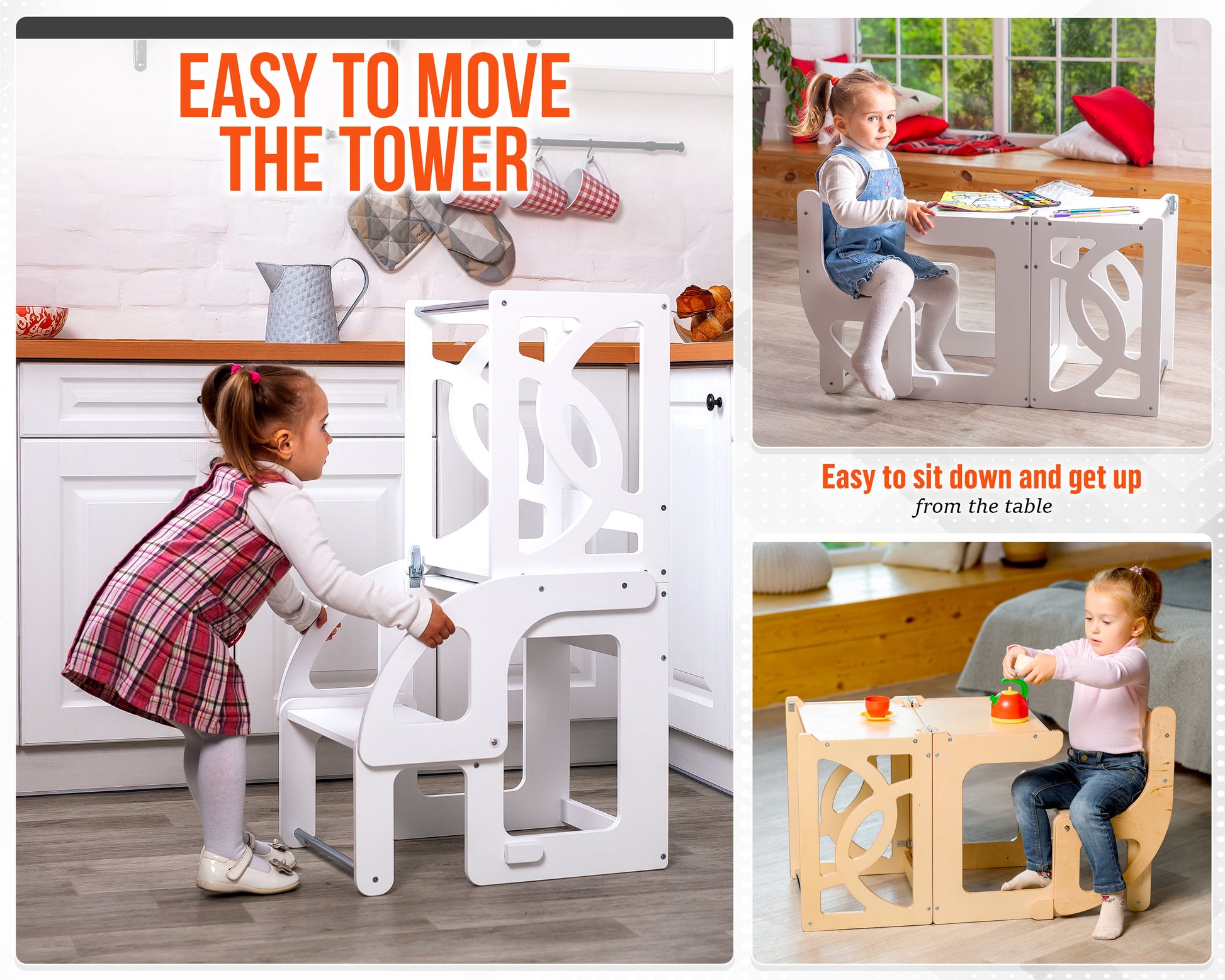 Natural Convertible learning toddler tower & table WITH BACK, toddler kitchen helper stool