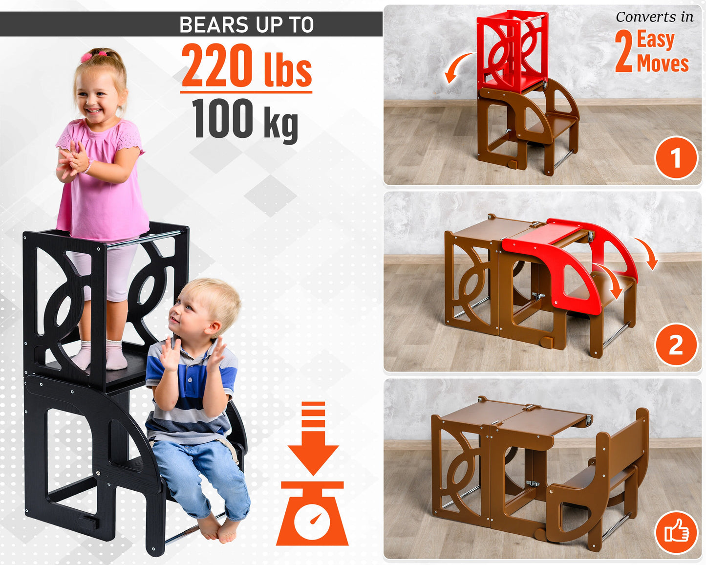 Black Step stool with back Learning toddler tower Kitchen helper stool Wooden step stool Kitchen stool Toddler tower Montessori stool