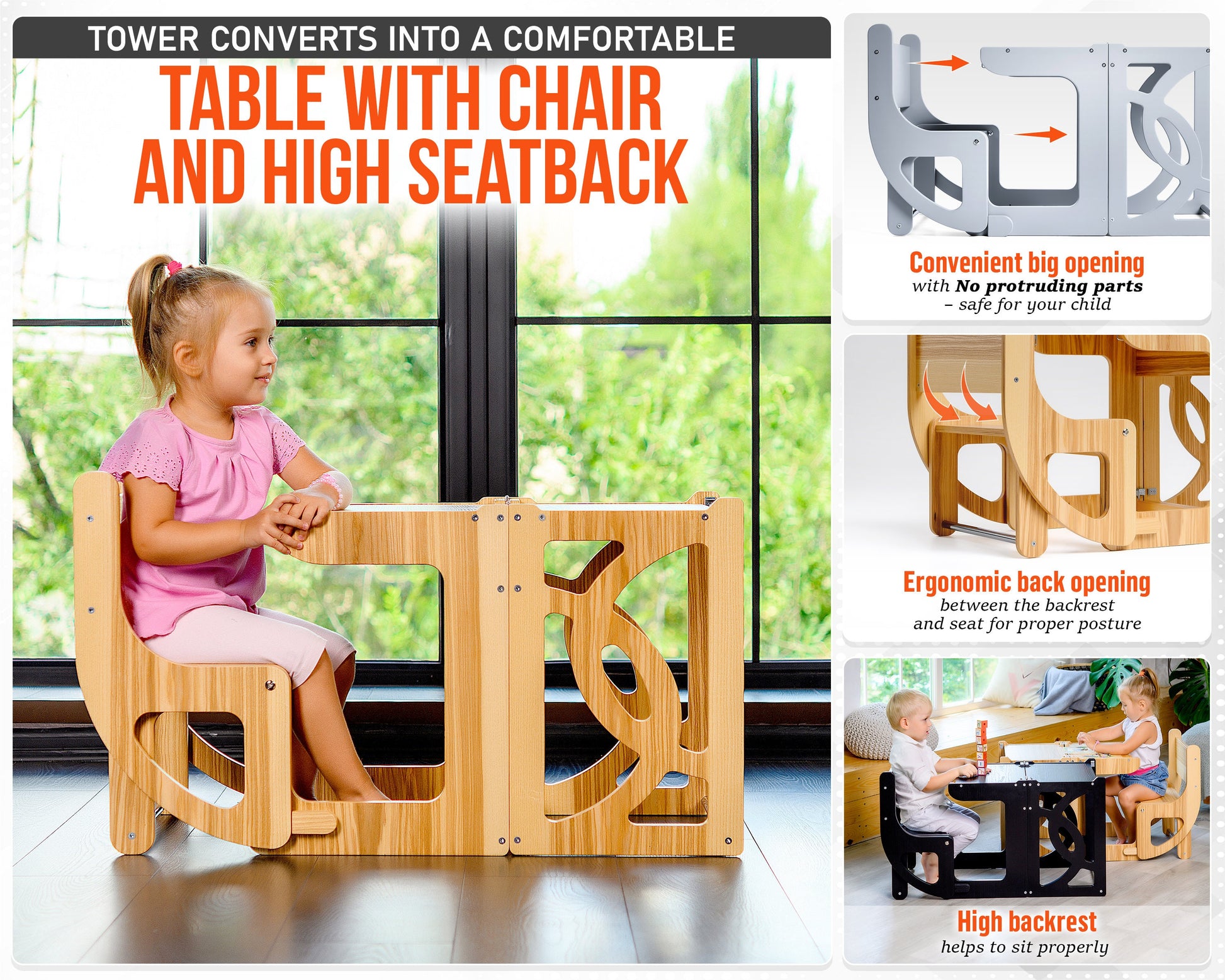 Double helper tower with slide and BACK, toddler kitchen step stool