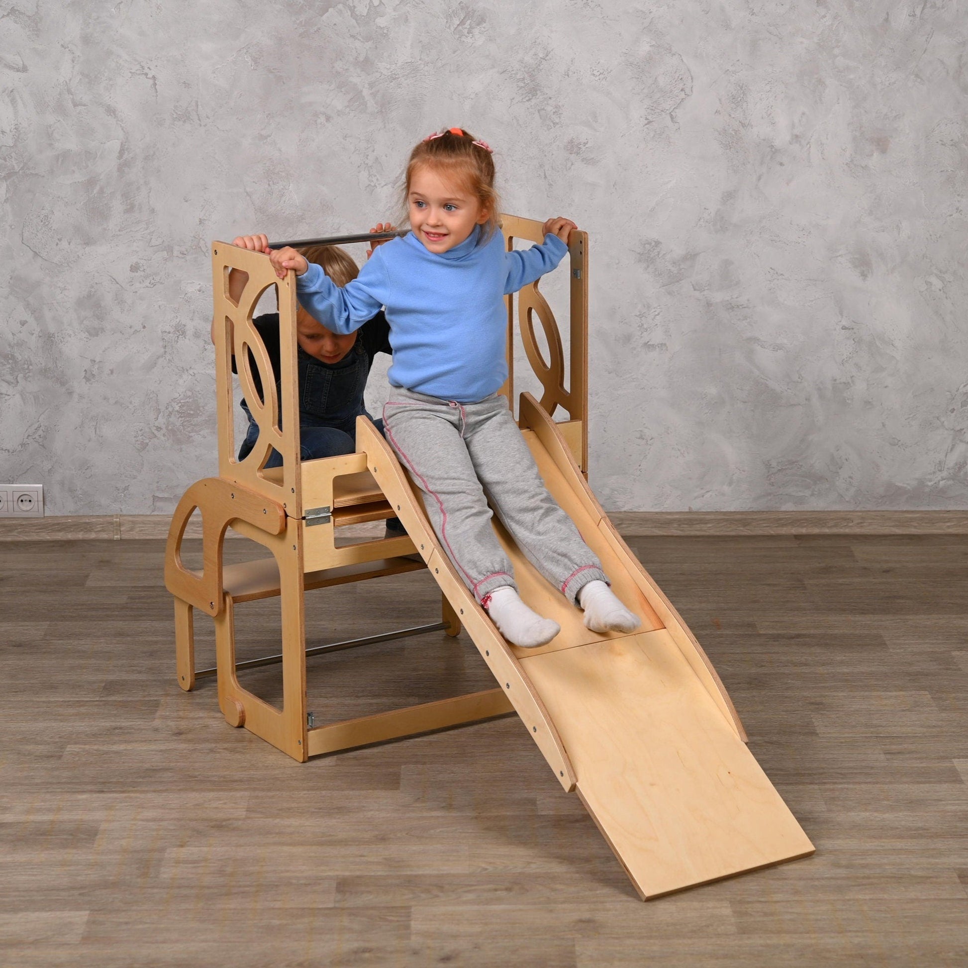 Double helper tower with slide and BACK, toddler kitchen step stool