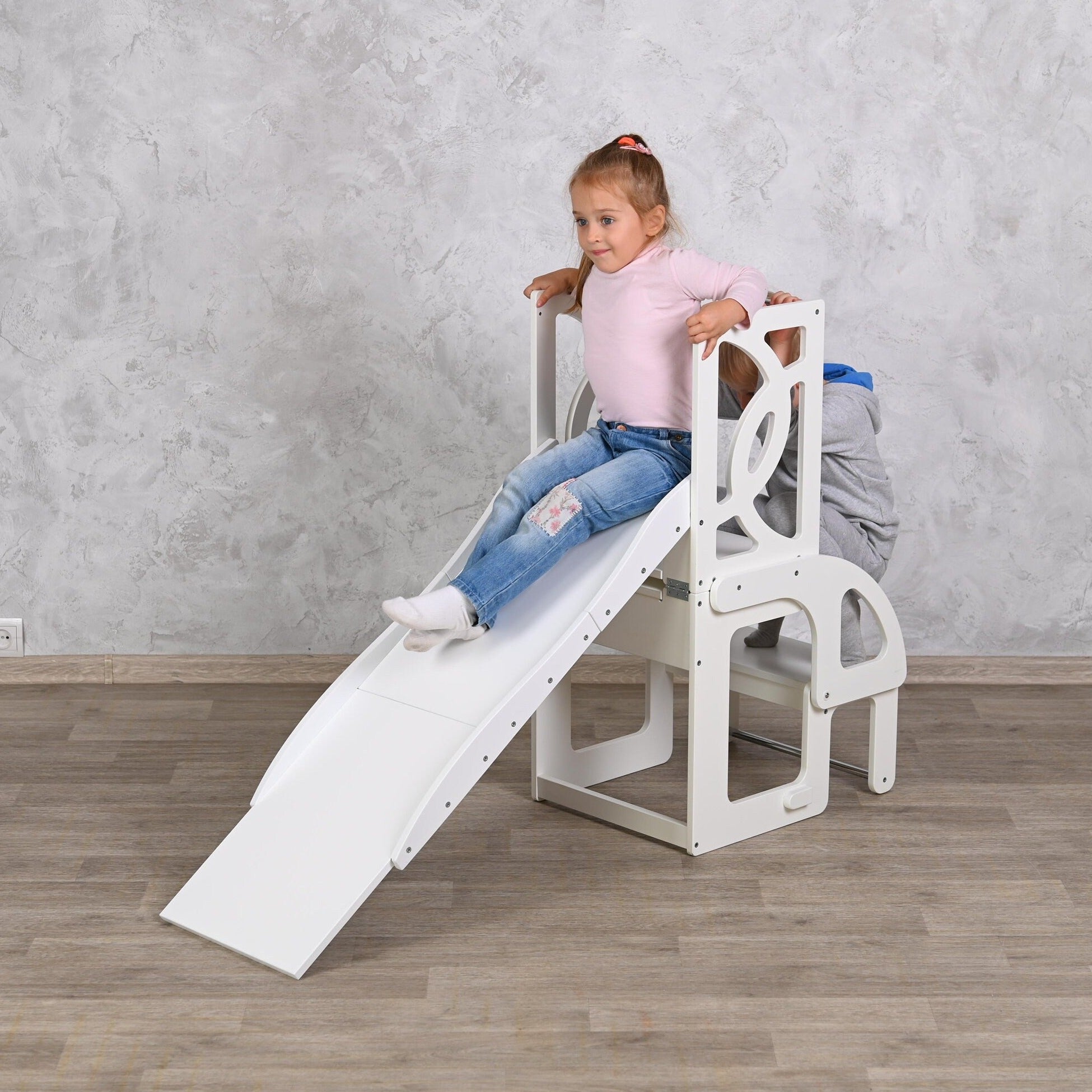 Natural toddler tower convertible with BACK and slide double