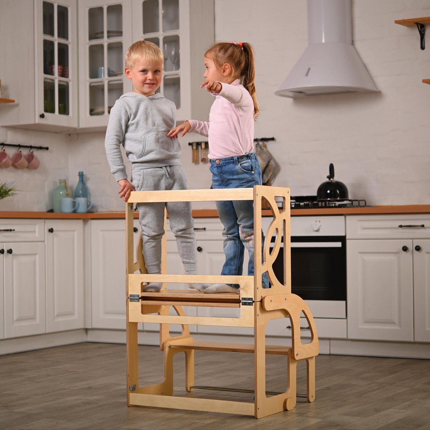 Double learning convertible toddler tower with Seatback and Slide
