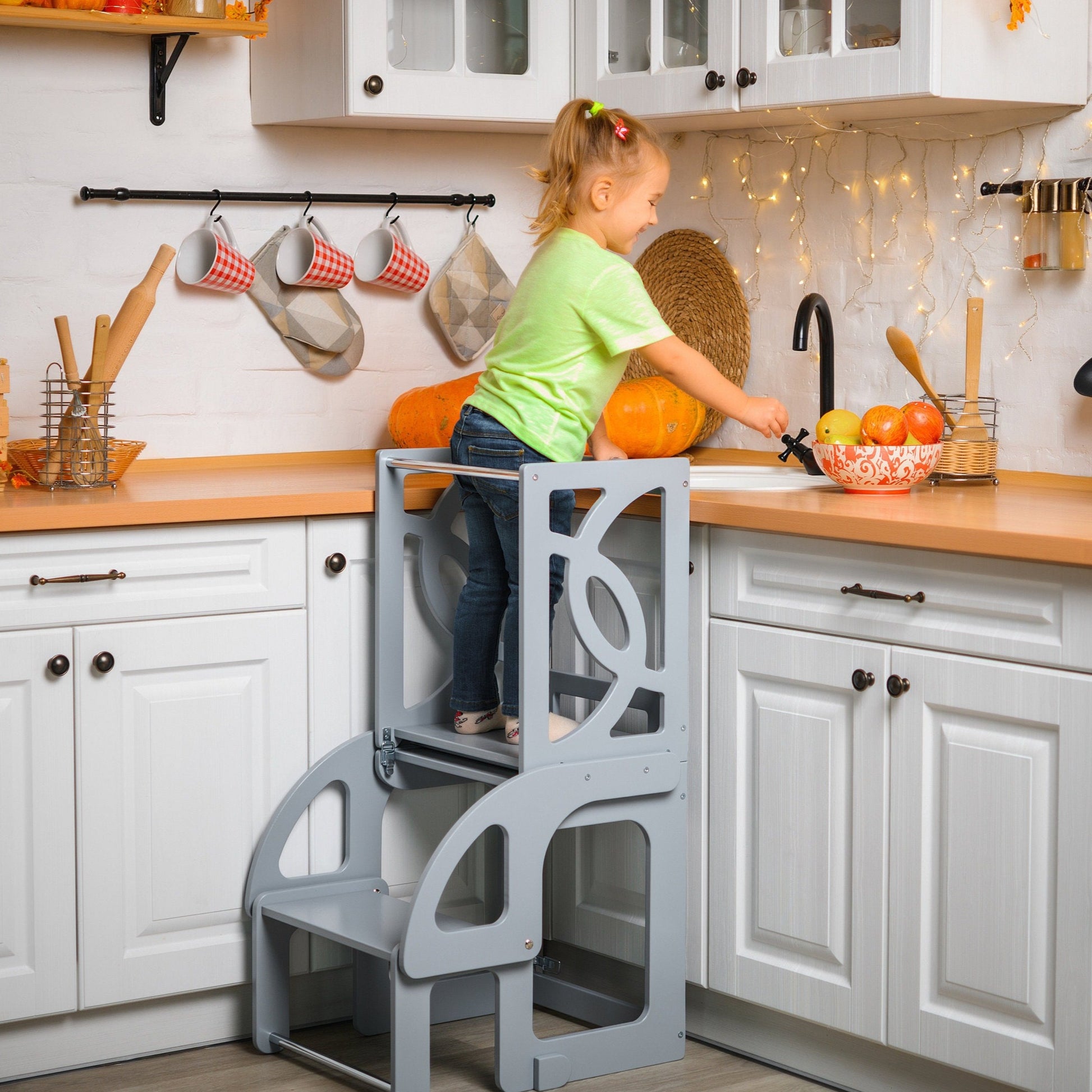 Convertible learning toddler tower & table with a back, toddler kitchen tower - Climbambino