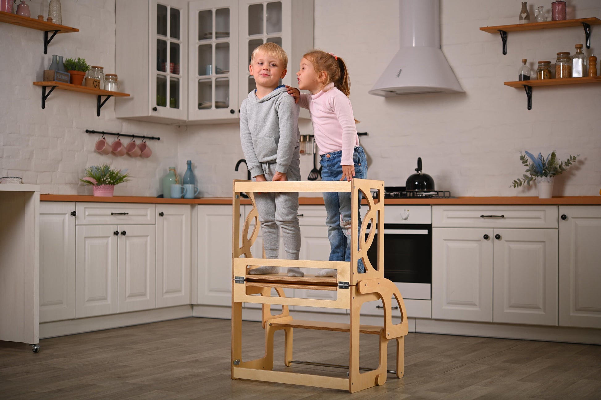 Convertible toddler tower & table WITH BACK and wooden kids slide, montessori kitchen help tower