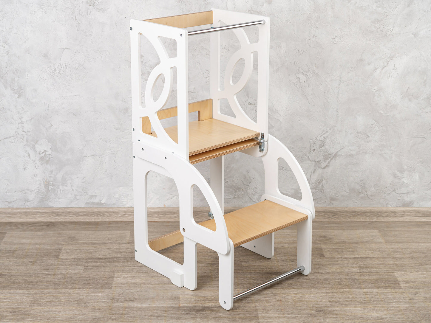 Convertible toddler tower & table WITH BACK and wooden kids slide, montessori kitchen help tower