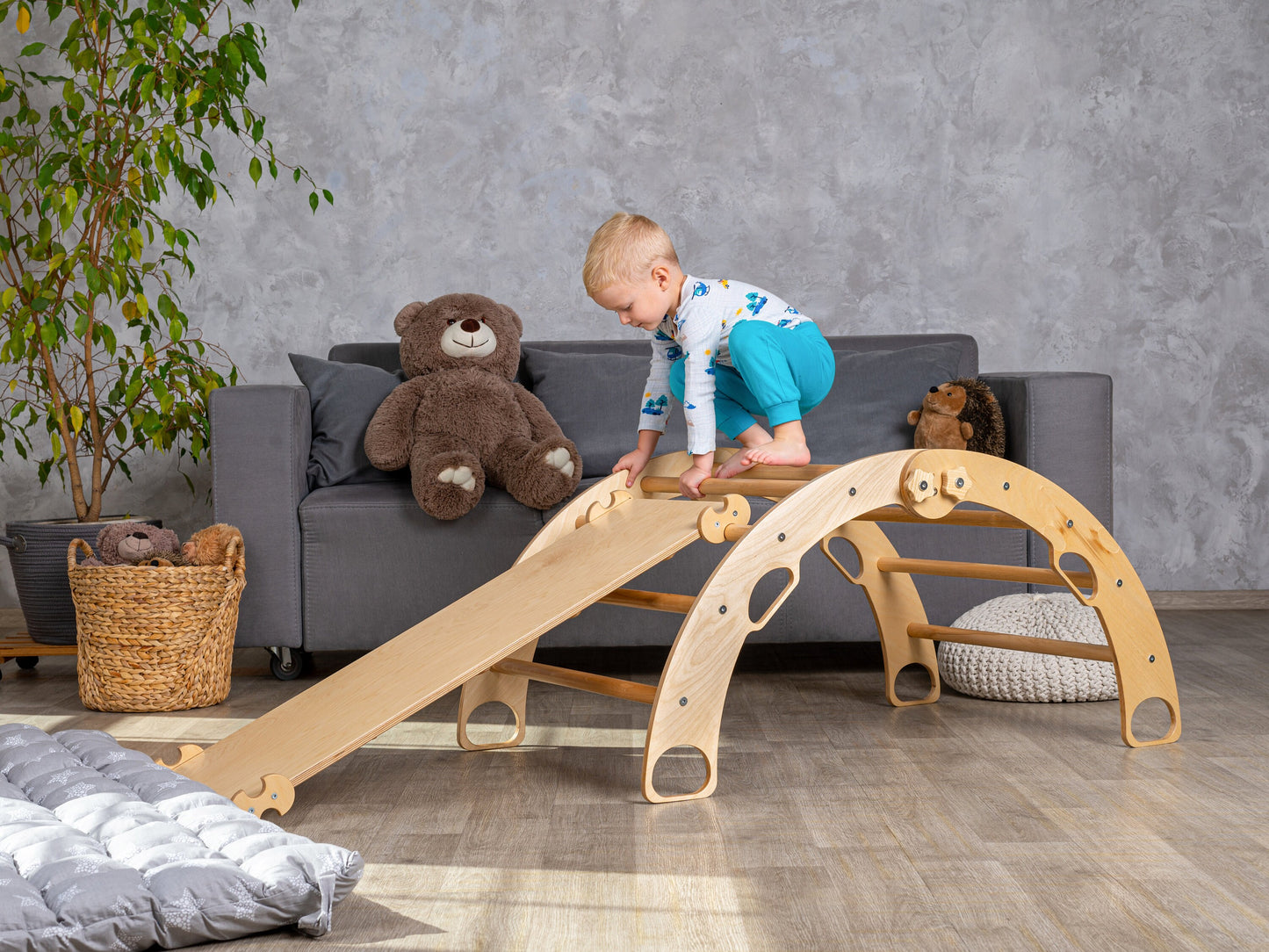 Foldable montessori climbing arch with pillow, rock ramp and slide