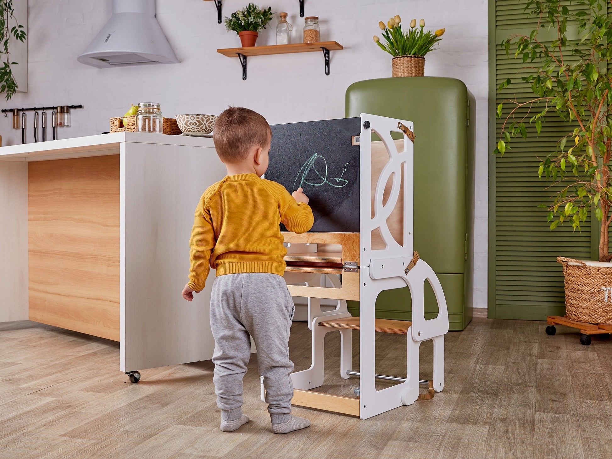 Kitchen tower toddler table 7 in 1 convertible learning kitchen step stool help tower Montessori desk & Paper roll, toddler standing tower